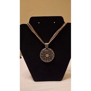 Lia Sophia Multi Strand Medallion Necklace Amber Crystal Gold Tone Boho Pendant